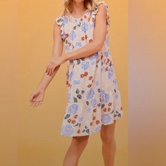 Loft Outlet Women’s Floral Woven Ruffle‎ Tiered Mini Dress Size XL Beige Blue - Picture 1 of 4